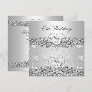 Invitation Mariage Élégant Cœur de Diamant Argent Blanc