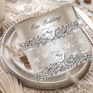 Invitation Mariage Élégant Cœur de Diamant Argent Crème