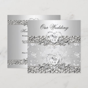 Invitation Mariage Élégant Cœur de Diamant Blanc Argent