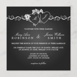Invitation Mariage élégant Coeurs monogrammes Noir
