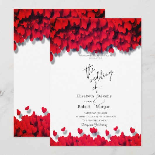 Invitation Mariage Élégant Cœurs Rouges (Devant / Derrière)