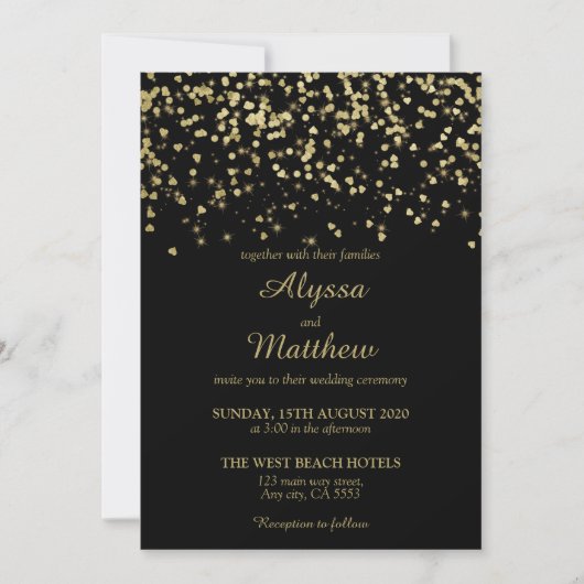 Invitation Mariage élégant Confetti de luxe Noir et Or (Devant)