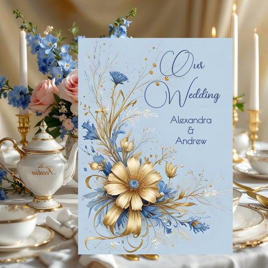Invitation Mariage élégant Cornflower Blue Gold Flowers
