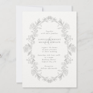 Invitation Mariage Élégant Couronne Florale Toile Noir & Blan