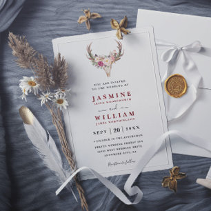 Invitation Mariage Élégant Crâne de Bois Floral Rouge Bohème