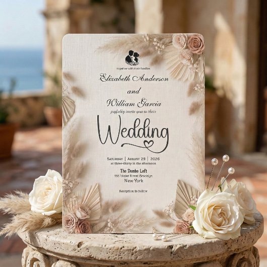 Invitation Mariage Élégant Crème Bohème Rose Rustique