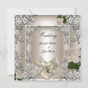 Invitation Mariage Élégant Crème Rose Argent Blanc