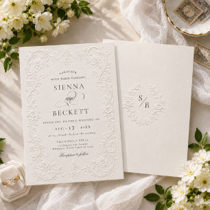 Invitation Mariage Élégant Crème Style Floral Orné Relief