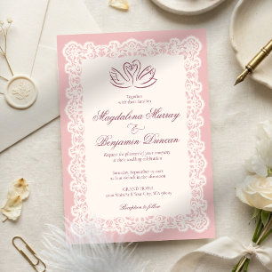 Invitation Mariage élégant cygne rose poudré dentelle ivoire