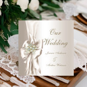 Invitation Mariage élégant Damask Pearl Crème Bow blanc