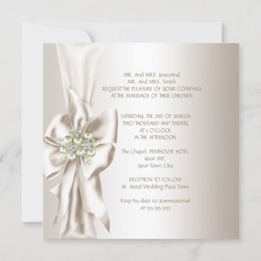 Invitation Mariage élégant Damask Pearl Crème Bow blanc (Dos)