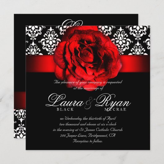 Invitation Mariage élégant Damask Rose rouge Noël (Devant / Derrière)