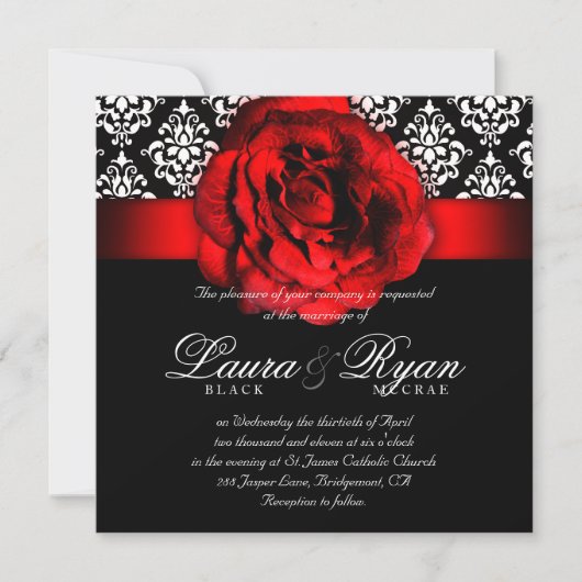 Invitation Mariage élégant Damask Rose rouge Noël (Devant)