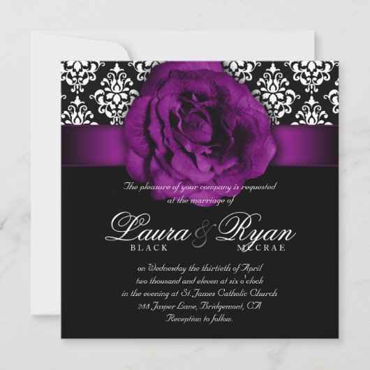 Invitation Mariage élégant Damask violet Rose noir blanc (Devant)