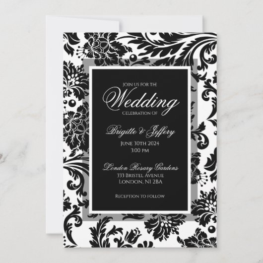 Invitation Mariage élégant damassé noir et blanc (Devant)