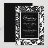 Invitation Mariage élégant damassé noir et blanc (Devant / Derrière)