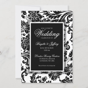 Invitation Mariage élégant damassé noir et blanc