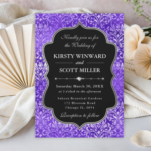 Invitation Mariage Élégant Damassé Pailleté Glam Violet