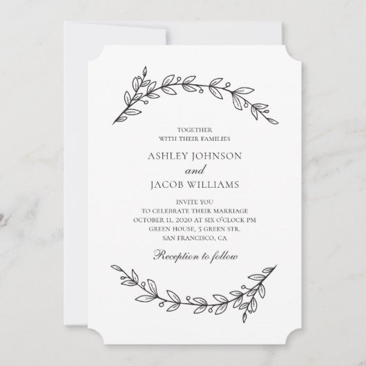 Invitation Mariage élégant dans le jardin. Botanique noire et (Devant)