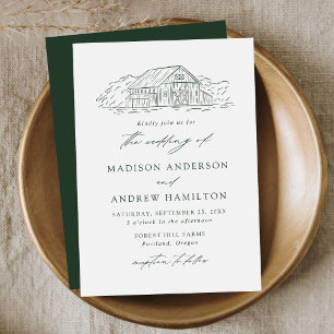 Invitation Mariage Élégant dans une Grange Rustique Verte