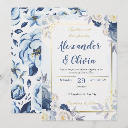 Invitation mariage élégant d'automne bleu et floral (Devant / Derrière)