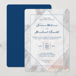 Invitation Mariage élégant de bleu marine d'or de marbre