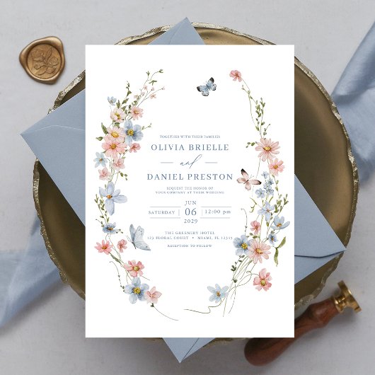 Invitation Mariage élégant de jardin bleu foncé rose rose