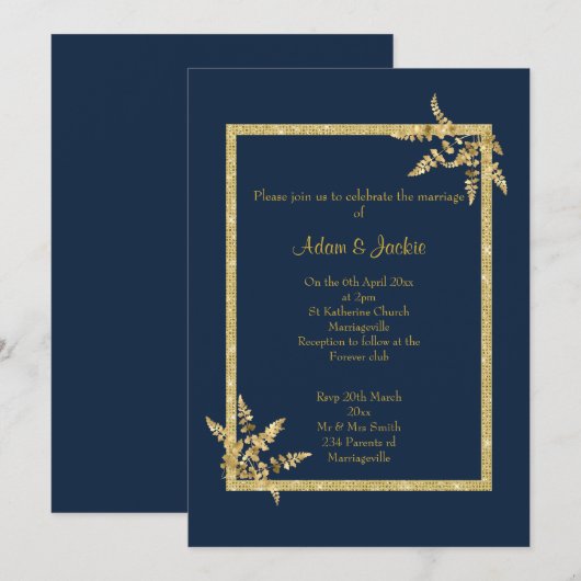 INVITATION MARIAGE ÉLÉGANT DE LA FEUILLE D'OR DE LA MARINE (Devant / Derrière)