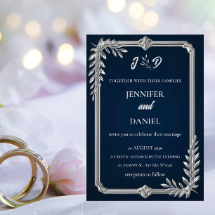 Invitation Mariage Élégant de Luxe Bleu Nuit et Argent