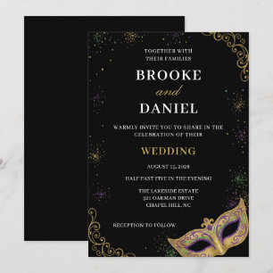 Invitation Mariage élégant de Mardi Gras violet et or