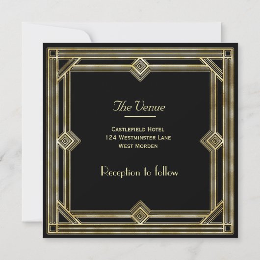Invitation Mariage élégant de noir d'or d'art déco (Dos)