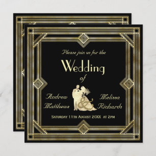 Invitation Mariage élégant de noir d'or d'art déco