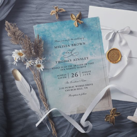 Invitation Mariage élégant de plage à l'aquarelle Code QR Bud