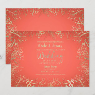 Invitation Mariage Élégant de Plage Orange Corail Doré Modern