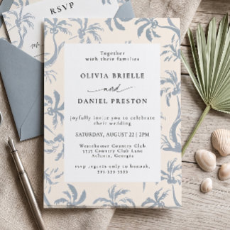 Invitation Mariage élégant de plage tropicale côtière bleu po