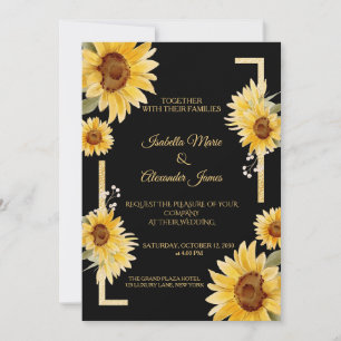 Invitation Mariage élégant de tournesol noir or automne
