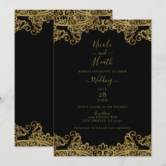Invitation Mariage Élégant Dentelle Noir et Or (Devant / Derrière)