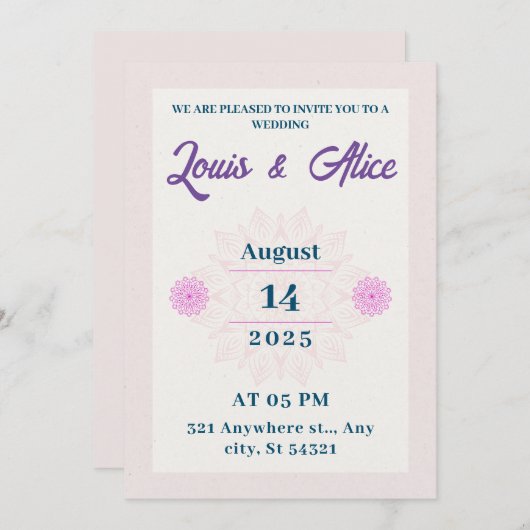 Invitation mariage élégant design beige rose, fleurs roses (Devant / Derrière)