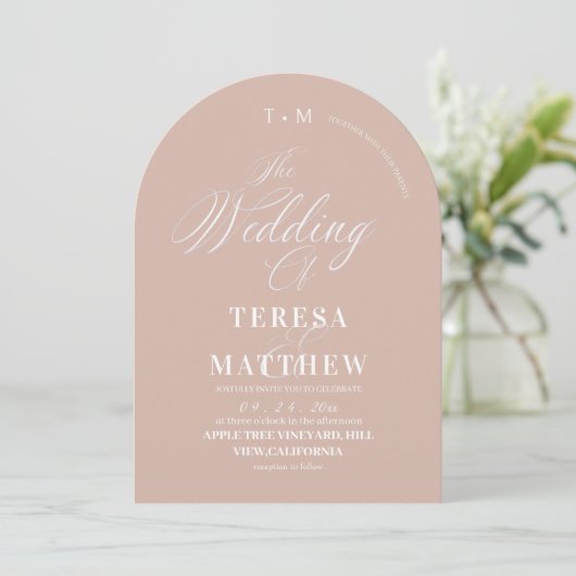 Invitation Mariage élégant Dusty Rose & Blanc Script Classiqu (Debout devant)