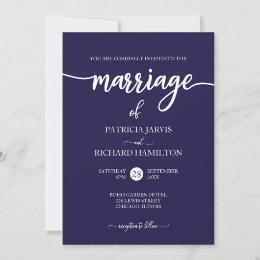 Invitation Mariage élégant écriture bleu marine (Devant)