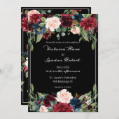 Invitation Mariage élégant écriture script rose burgogne flor (Devant / Derrière)