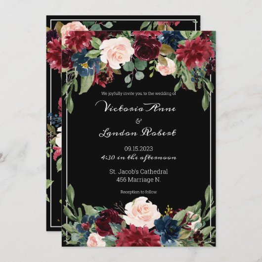 Invitation Mariage élégant écriture script rose burgogne flor (Devant / Derrière)