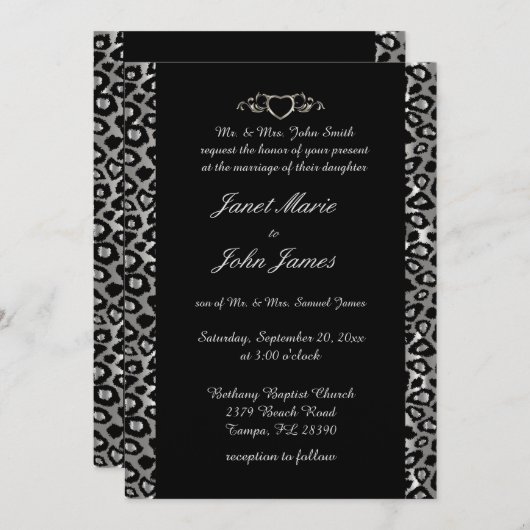Invitation Mariage élégant en argent et léopard noir (Devant / Derrière)