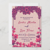 Invitation Mariage élégant en beige, fleurs roses (Devant)