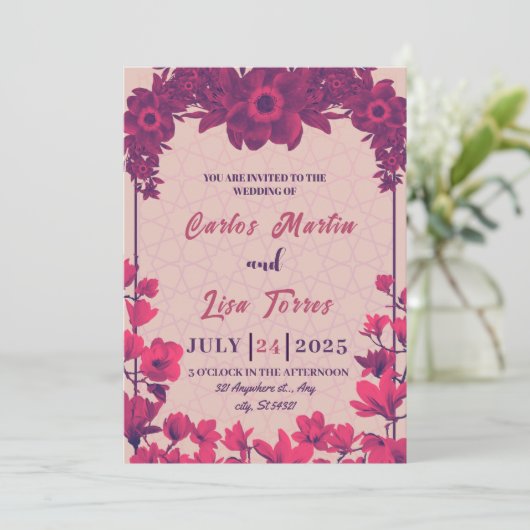 Invitation Mariage élégant en beige, fleurs roses (Debout devant)