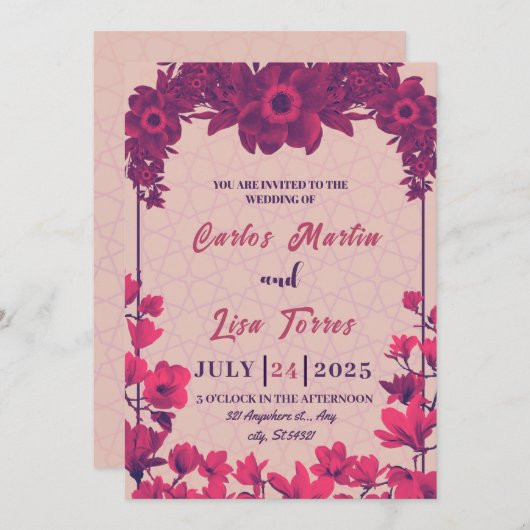 Invitation Mariage élégant en beige, fleurs roses (Devant / Derrière)