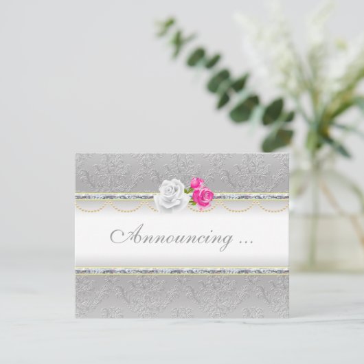 Invitation Mariage élégant en damas argenté et rose rose (Debout devant)