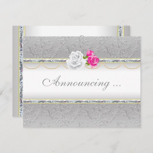 Invitation Mariage élégant en damas argenté et rose rose (Devant / Derrière)