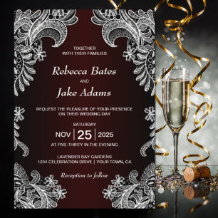 Invitation Mariage élégant en dentelle blanche et burgundy