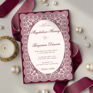 Invitation Mariage élégant en dentelle ivoire vintage burgund